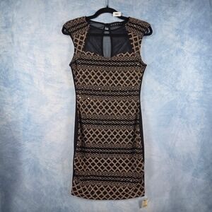 Sabora Womens Black Gold Sequin Mesh Cap Sleeve Bodycon Cocktail Dress Large NEW